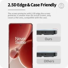 OnePlus Nord 3 case-friendly 2.5D edge screen protector. Never Settle displayed.
