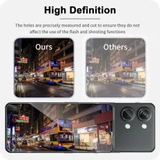 High-definition screen protector for OnePlus Nord 3, showing clear camera and flash use (Ours) vs. blurry Others. Night city scene.