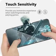 Touch-sensitive screen protector for OnePlus Nord 3, enhancing movie watching and gaming. Fingerprint and unlock icons shown.