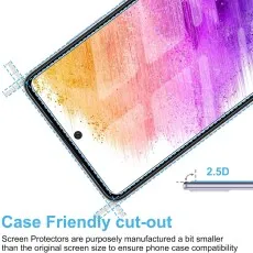 Close-up of an A73 5G screen with a slightly smaller screen protector and Case Friendly cut-out text