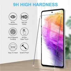 Screen protector being applied to a Samsung A73 5G, highlighting its features