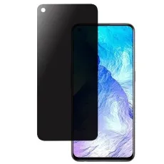 Black privacy screen protector next to an HTC Desire 20 Pro phone displaying a blue and purple abstract wallpaper.