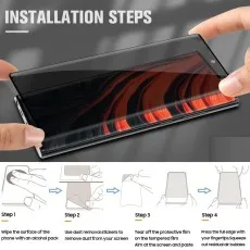 Installation steps for a Privacy screen protector wipe, remove dust, align film, and press to remove bubbles.
