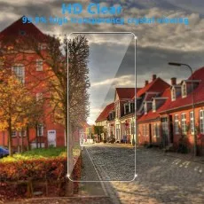 Clear screen protector on phone showing a vibrant street scene. Text HD Clear, 99.9% high transparency