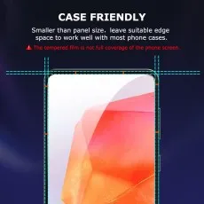 CASE FRIENDLY screen protector shown on a phone. Smaller design leaves space for most case