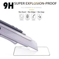 Utility knife blade demonstrating the scratch-proof feature of a 9H hardness glass screen protector.