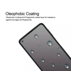 Oleophobic coating on a screen protector for Motorola Moto G Power, shown with water droplets that resist smudges and fingerprints..