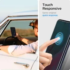 Touch Responsive screen protector ensures original quick phone response. Image shows phone use in a car and finger touch on screen
