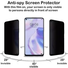 Anti-spy screen protector for Huawei P40 Lite 5G visible at 90°, invisible at 28° side angles. Shows 0808, Thu, Apr 23.