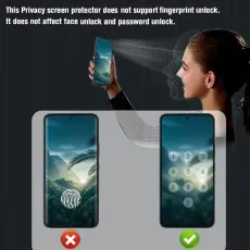 Privacy screen protector does not support fingerprint unlock (red X), but works with face and password unlock (green check). Woman using face unlock.