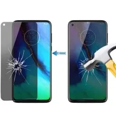 screen protector impact test cracked screen with protector vs. shattered screen without. Hammer shown.