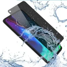 Water splashing on a Motorola Moto G Stylus with a screen protector partially applied, demonstrating waterproof feature.