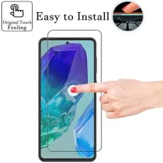 Finger touching a screen protector on a Samsung Galaxy phone, emphasizing Original Touch Feeling and Easy to Install