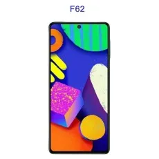 Front view of a Samsung Galaxy F62 mobile phone displaying a colorful abstract wallpaper