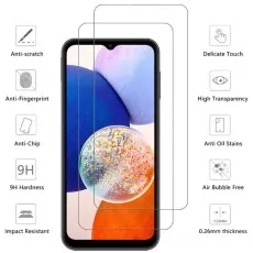 Two screen protectors for a Samsung Galaxy A series phone, highlighting features like 9H hardness and anti-fingerprint