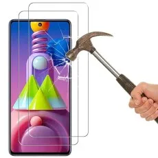 Hammer striking a screen protector on a Samsung M51, showing its impact resistance