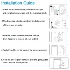 Step-by-step installation guide for applying a screen protector with cleaning and alignment instructions..