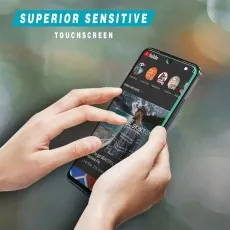 Step-by-step installation guide for applying a screen protector with cleaning and alignment instructions..