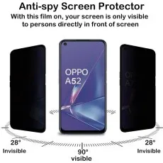 Oppo A52 anti-spy screen protector visible at 90°, invisible at 28° side angles, protecting screen privacy.