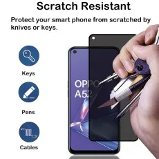 Oppo A52 scratch-resistant screen protector being tested with keys and a craft knife. Protects from keys, pens, and cables.