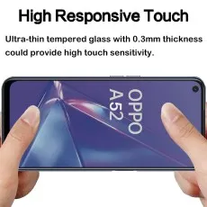 Oppo A52 screen protector with high responsive touch due to 0.3mm ultra-thin tempered glass, ensuring high touch sensitivity.