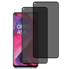 Oppo A54 with a privacy screen protector partially applied and a spare next to it. Screen displays