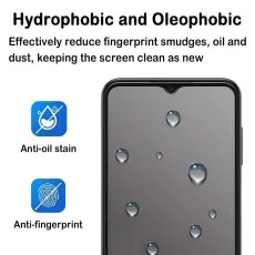 Hydrophobic and oleophobic screen protector , shown with water droplets, resisting fingerprints, oil, and dust.