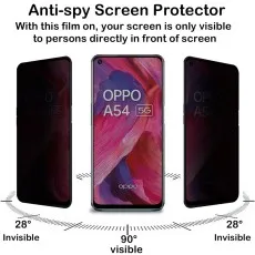Oppo A54 5G anti-spy screen protector visible at 90°, invisible at 28° side angles for privacy. Screen shows.