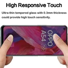 Oppo A54 5G screen protector with high responsive touch due to 0.3mm ultra-thin tempered glass. Hands touching the screen.