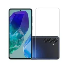 Samsung Galaxy M55 with a clear screen protector. Front and back view shown