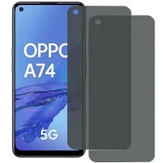 Oppo A74 5G smartphone with two privacy tempered glass screen protectors, showing precise cutouts and dark anti-spy tint.