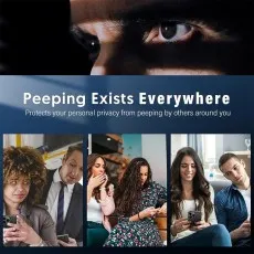 Peeping Exists Everywhere privacy screen protector for Oppo A53 shown protecting phone users from onlookers in various public situations.