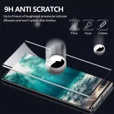 9H anti-scratch screen protector shown resisting a steel ball, with icons for pens, keys, and cables