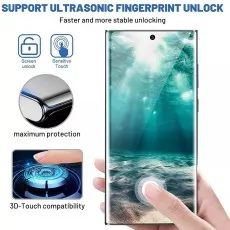 Finger touching the screen of a Samsung phone with a protector that supports fast fingerprint unlocking