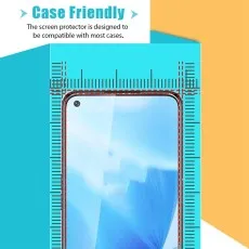 Case Friendly screen protector design, compatible with most phone cases. Measurement lines indicate precise fit.