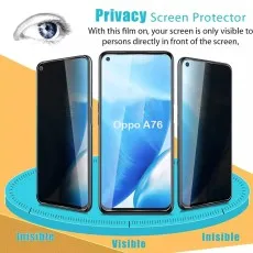 Oppo A76 privacy screen protector visible head-on, invisible from side angles, protecting screen from prying eyes.