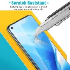 screen protector being tested with a utility knife, featuring dual coating for scratch and fall protection.