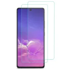 Two clear screen protectors are positioned above a Samsung Galaxy S10 Lite smartphone