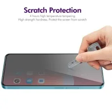 privacy screen protector being tested for scratch protection with a key. High strength hardness.