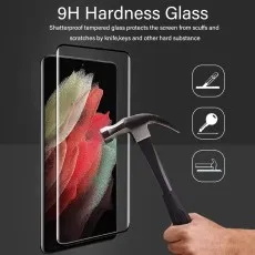 Hammer hitting a 9H hardness glass screen protector on a Samsung phone