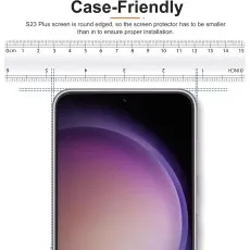 Case-Friendly S24 Plus screen protector shown smaller than the screen with ruler markings