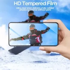HD Tempered Film screen protector on a Samsung S24 displaying a clear snowboarding scene