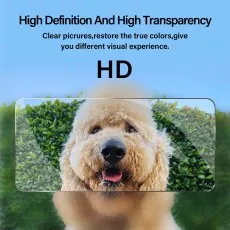 High Definition And High Transparency screen protector over a clear image of a Goldendoodle