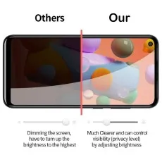 Comparison Others privacy screen dims requiring high brightness vs. Our clearer screen with adjustable privacy via brightness