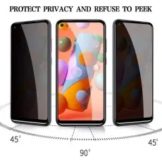 Galaxy A11 privacy screen protector visible at 90°, invisible at 45° angles, protecting from peeking.