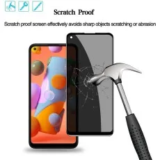 Galaxy A11 scratch-proof screen protector being struck by a hammer. Protects from sharp objects and abrasion.