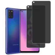 Samsung Galaxy A21s with privacy screen protector partially applied and a spare.