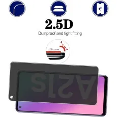 2.5D dustproof and tight-fitting privacy screen protector for Galaxy A21s with curved edges.