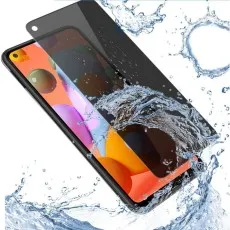 Water-resistant privacy screen protector for Samsung Galaxy M11 being splashed with water.