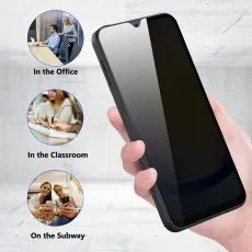 Privacy screen protector on a smartphone, with examples of use in an office, classroom, and subway